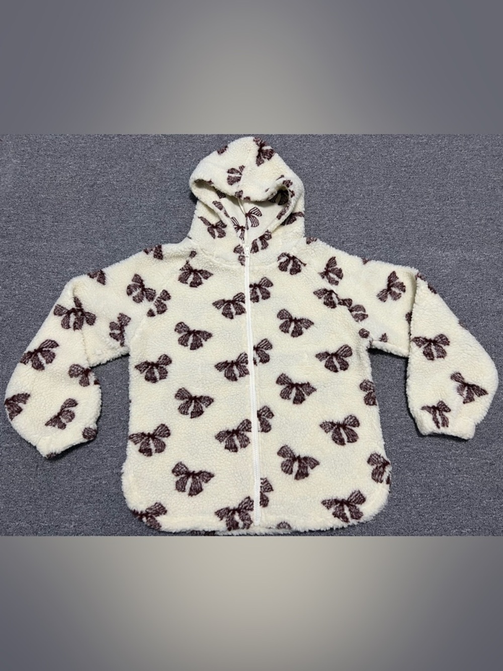 Girls' Cream Hooded Sherpa Jacket with Brown Bow Print